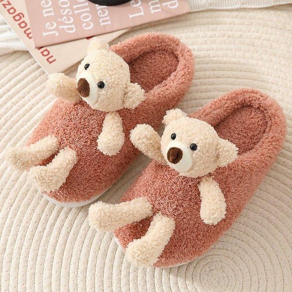 

slippers big size 45 cartoon 3d bear women's cute winter warm fur shoes male couple home indoor boy girl slides zapatillas mujer, Black
