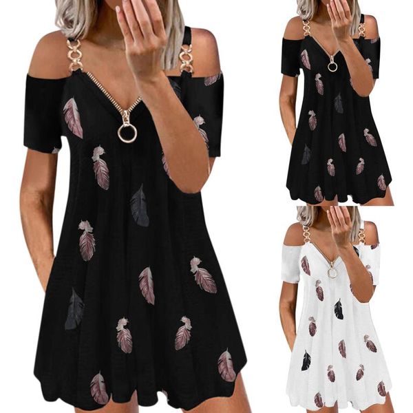 

casual dresses summer v neck short sleeve dress women zipper floral print fashion elegant vintage plus size strap open back, Black;gray