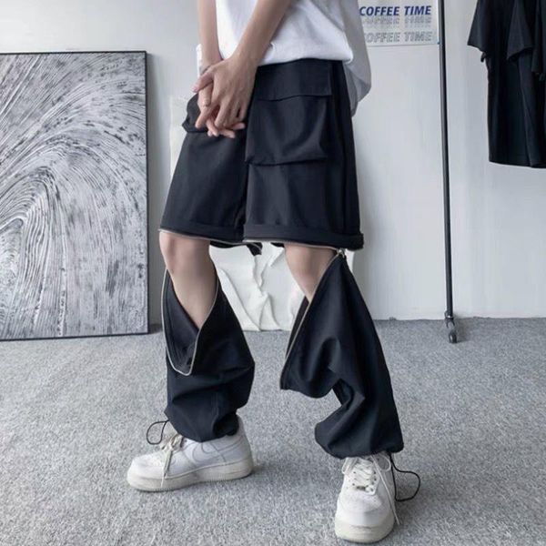 

men's pants high street style cargo summer 2021 korean fashion gothic patchwork niche design sense retro sports shorts trend, Black