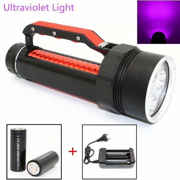 

uranusfire 20w ultraviolet diving 4 uv led waterproof 395nm purple light torch linterna use 26650 battery charger flashlights tor torches