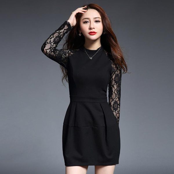 

casual dresses 2021 spring fashion women black lace patchwork office ladies party dress long sleeve slim, Black;gray