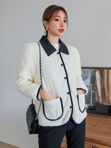 

dazy dual pocket contrast binding quilted coat u8aj#, Black