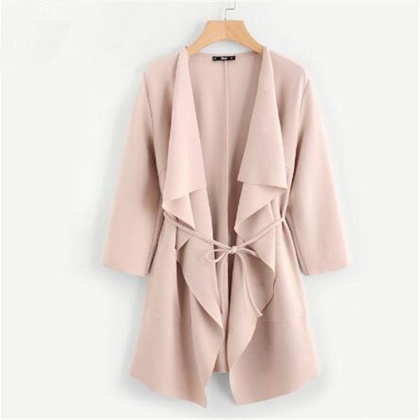 

women's trench coats waterfall collar pocket front wrap work wear peach 3/4 sleeve apricot knee length with belts office women coat, Tan;black