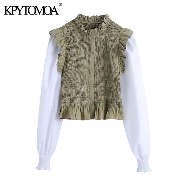 

women fashion patchwork smocked elastic cropped blouses long sleeve ruffled female shirts chic 210420, White
