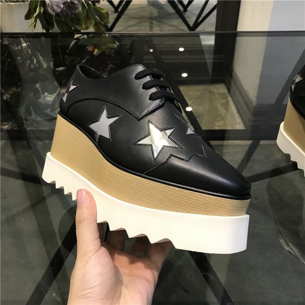

real leather shoes square platform slope thick britt brushed star shoe derbys wedge lace-up fashion boots, Black