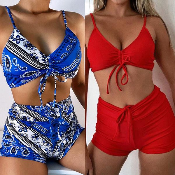 

women's swimwear 2 pieces bathing suit, women 2021 s solid color/ floral print spaghetti strap bikini + high waist shorts, s//l, White;black