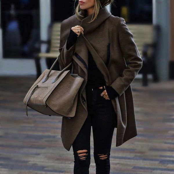 

winter large women's fashion solid color loose medium and long windbreaker coat women, Black;brown