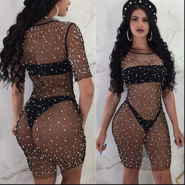 

womens dresses women glitter sequins mesh bikini cover up summer beach dress lace crochet o neck, Black;gray