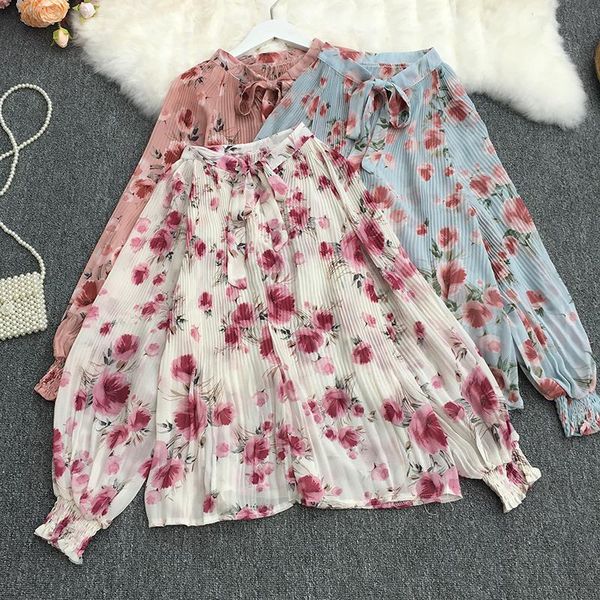 

women's t-shirt 2021 hong kong style broken flower loose stand collar vintage shirt bow fold lantern sleeve thin base, White