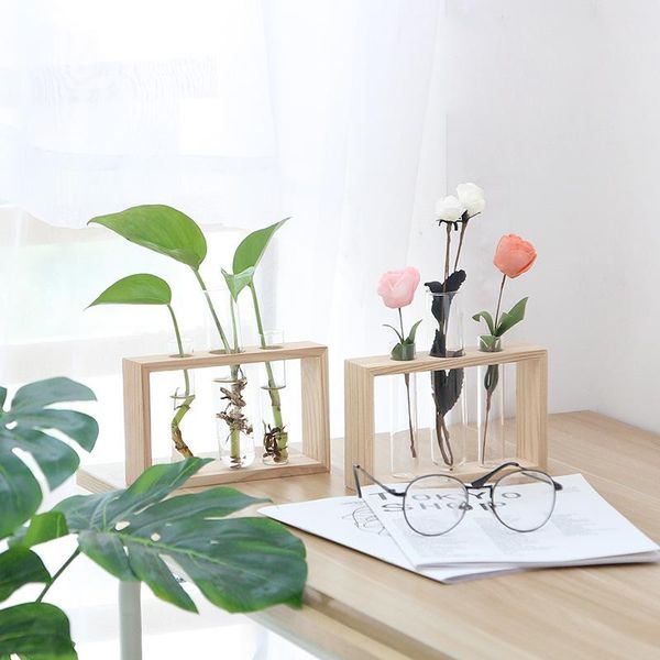 

vases nordic style wood glass flower vase tableplant bonsai cuvette with wooden tray home wedding decoration for livingroom