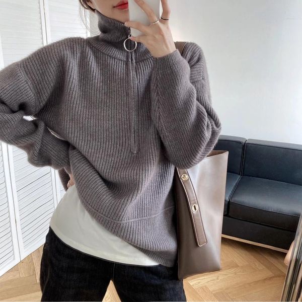 

women turtleneck sweater zip design loose thick knit jumper lazy knitwear pullovers fashion casual pull femme autumn winter women's swe, White;black