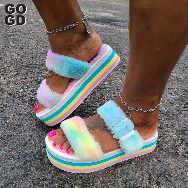 

[gogd]plush women slippers 2021 plus size winter flat thick indoor women's shoes fur 41, Black