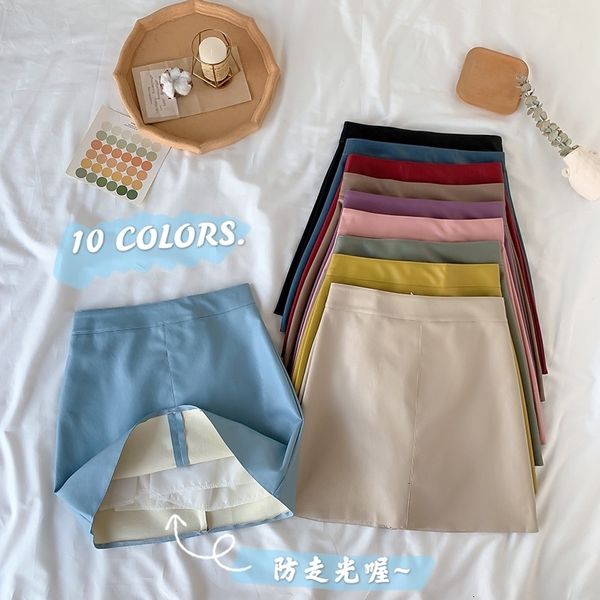

Skirts Summer Fashion Candy Colour Solid Elegant Women Pu Leather Casual High Waist Mini A-line Short 8T7K, Black