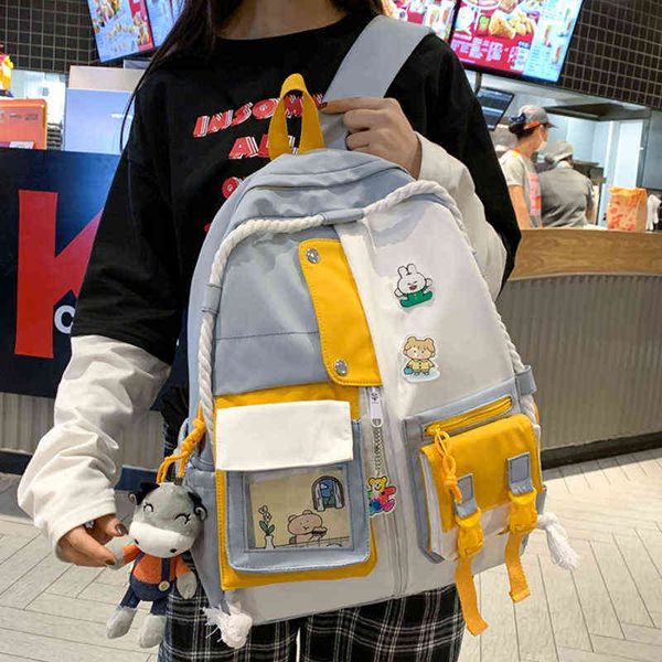 

est 2021 women backpack bags waterproof nylon patchwork kawaii shoulders bag for girls casual contrast color female schoolbag y1105