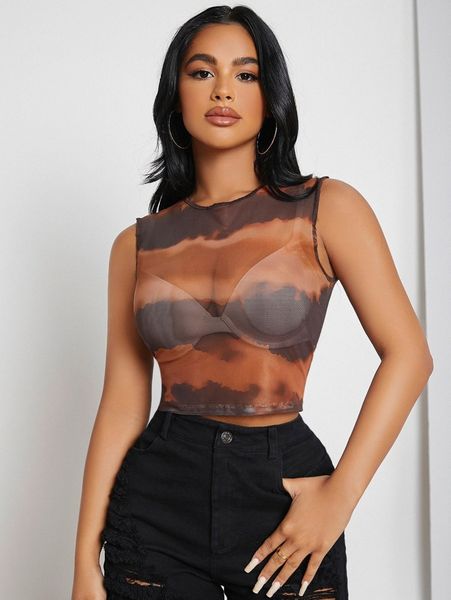 

sxy tie dye sheer mesh tank without bra f930#, White