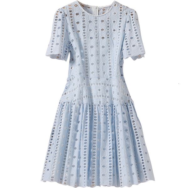 

white blue runway summer circle hollow out embroidery women cotton lace o-neck short sleeve party female elegant mini dress, Black;gray