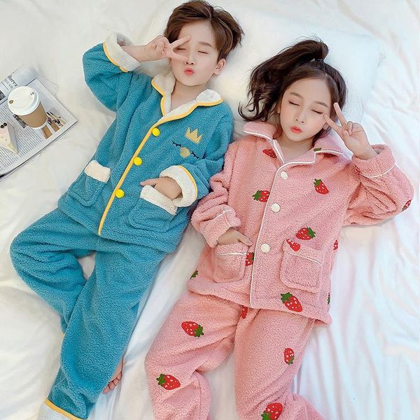 

pajamas boys thicken soft flannel pajama sets for girls long sleeve coral velvet sleepwear suit kids warm loungewear homewear, Blue;red