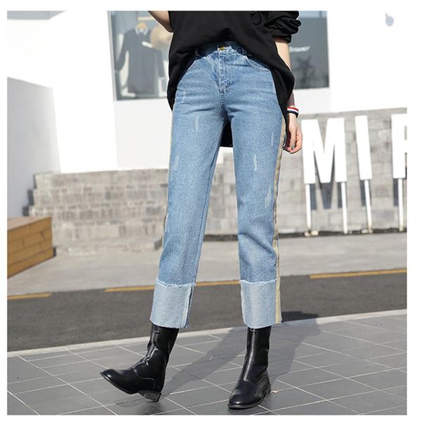 

women's jeans jujuland jean woman turnup pants boyfriend for women with high waist side stitching ribbon ladies denim 157, Blue