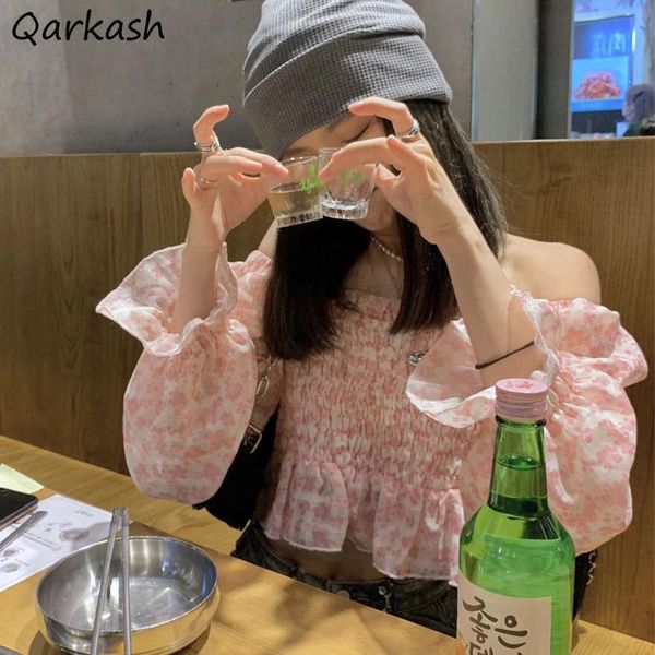 

women's blouses & shirts slash neck women pink sweet all-match cropped harajuku design fashion korean style streetwear cute ins, White