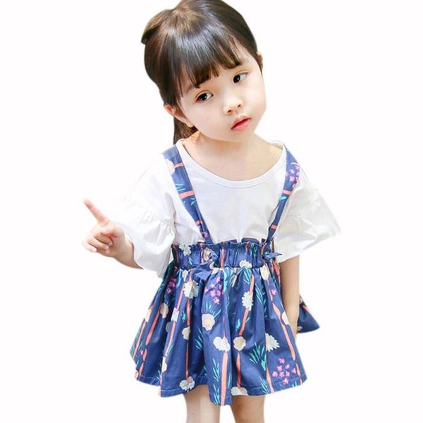 

skirts baby girl casual flower printed strap skirt summer princess sundress for girls, Blue