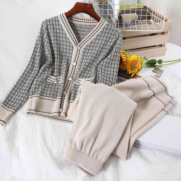 

women's tracksuits long sleeve plaid knitwear cardigan and loose high waist wide leg pants elegant two piece suit korean style kni, Gray
