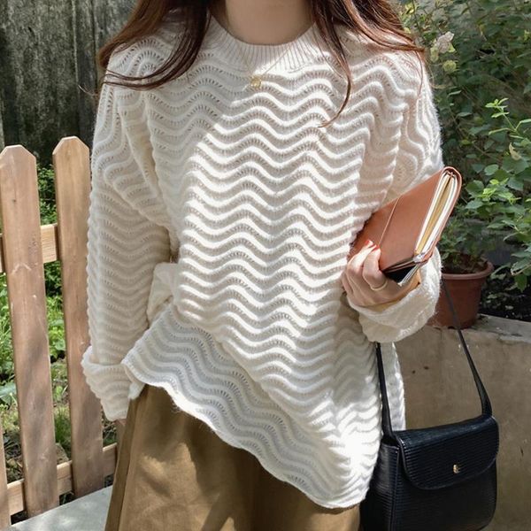 

women's sweaters [ewq] korea chic autumn winter round neck three-dimensional water ripple loose long sleeve thickened sweater women 202, White;black