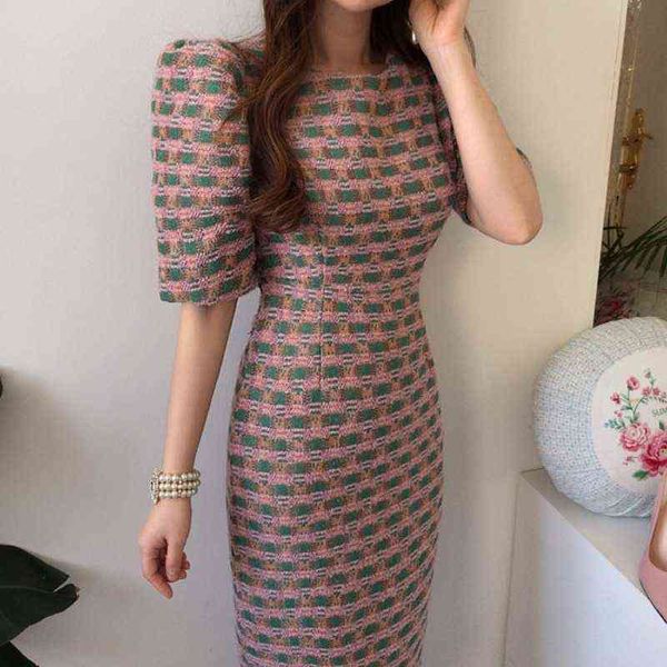

chic pink tweed dress woman short-sleeve 2021 summer korean elegant slim waist plaid vestidos back bow vintage dresses female g1214, Black;gray