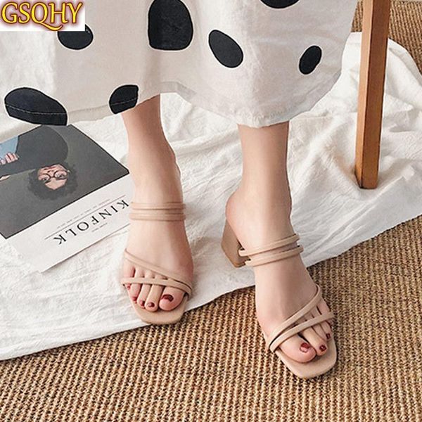 

women summer square heels sandals ladies elegant slippers outside cross tied leather female slides 2021 fashion woman, Black