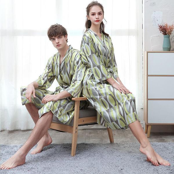 

couple pajamas bathrobe digital printing satin bath robe men sleepwear print kimono ice silk casual homewear nightwear men's, Black;brown