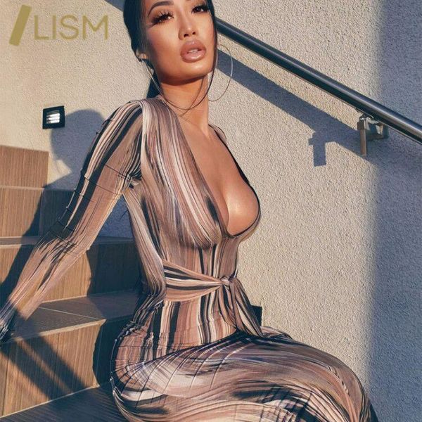 

casual dresses lism tie dyed printing deep v neck party nightclub long sleeve bodycon dress vintage vestido feminino, Black;gray