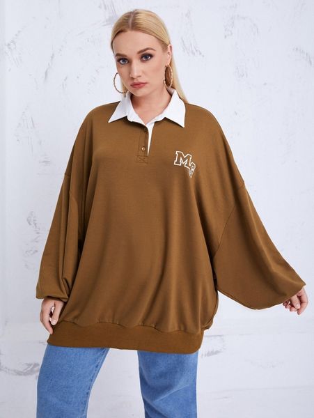 

plus letter graphic polo collar sweatshirt v3fl#, Black