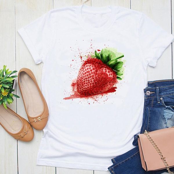 

women's t-shirt women graphic strawberry watercolor sweet cartoon summer short sleeve fashion print female clothes tees tshirt, White