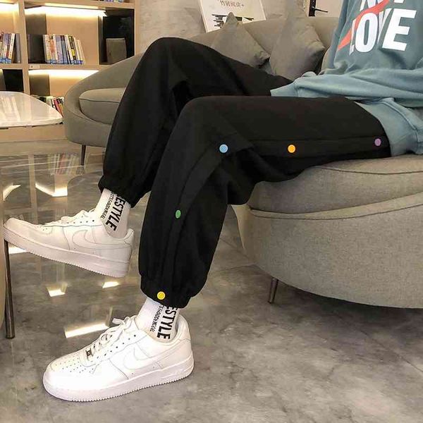 

men's pants trend men and women korean style trousers casual ankle-length seven colors buttons cotton minimalist size m-2xl b8ke, Black