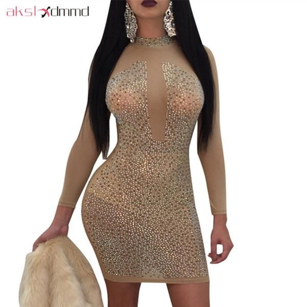 

casual dresses akslxdmmd mesh drilling long-sleeved perspective women 2021 spring and summer nightclub dress lh1391, Black;gray