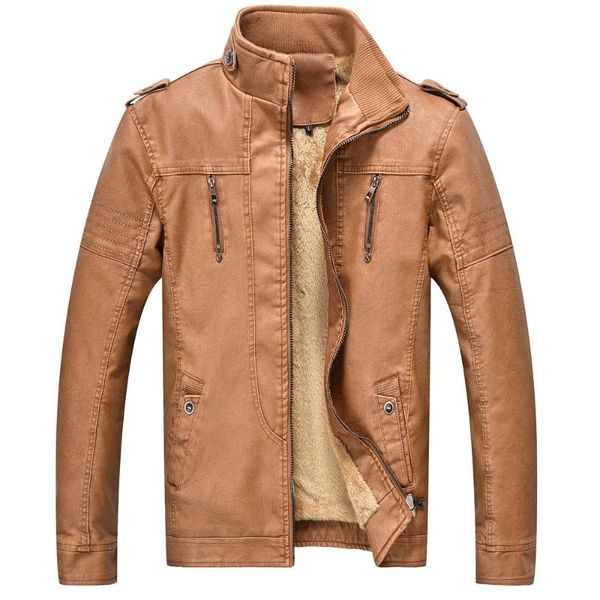 

men's fur & faux winter fashion retro motorcycle pu leather jacket male casual fleece thicker stand collar motorbike for men, Black