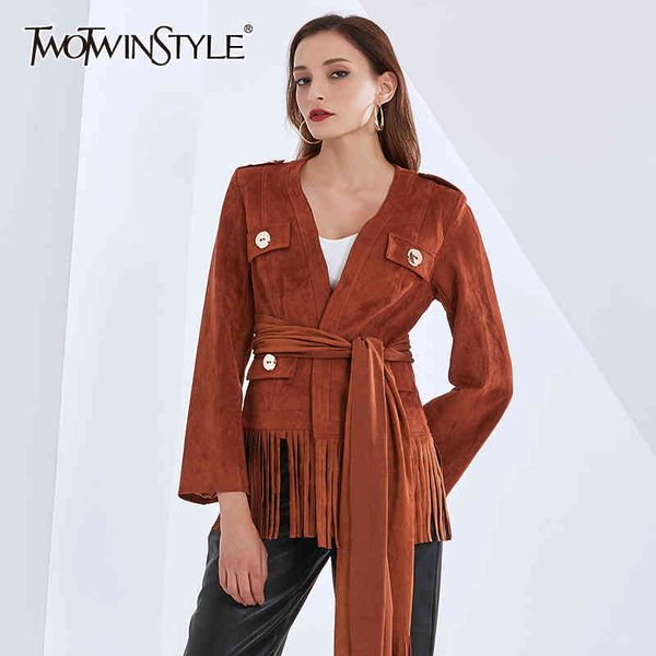 

bandage jacket for women v neck long sleeve patchwork tassel designer brown jackets female fall clothing 210524, Black;brown