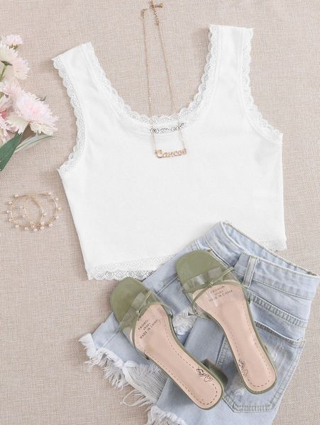 

ribbed scalloped lace cropped tank j5fs#, White