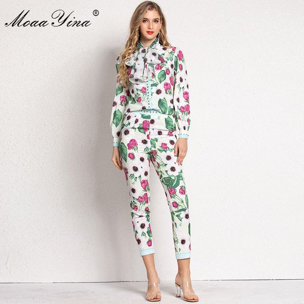 

fashion set spring summer women's long sleeve floral print blouses +3/4 pencil pants vacation two-piece set 210524, White