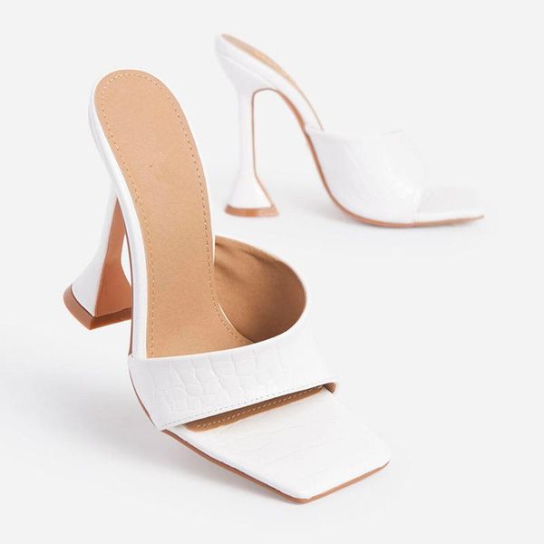 

slippers female high heels pu square toe fretwork solid ladies slides fashion mature outside plus size woman summer shoes, Black