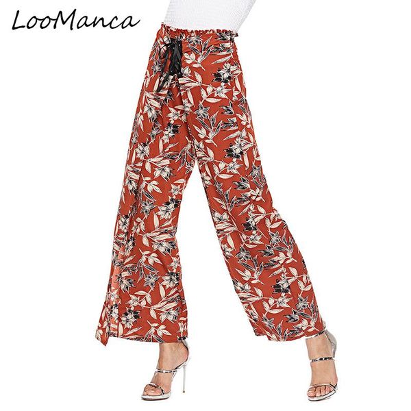 

women's pants & capris causal women autumn flower print 2021 drawstring wide leg loose high waist chiffon trousers long female, Black;white