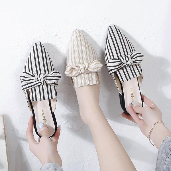 

elegant striped women mules slippers pointed-toe flat ladies office shoes butterfly-knot decoration1, Black