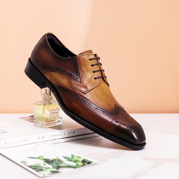 

dress shoes 2021 summer handmade mens formal genuine leather oxfords wingtip lace up wedding men's brogues office italian, Black
