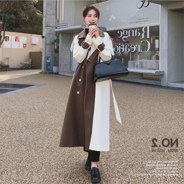

women's trench coats 2022 long jacket double-breasted women coat patchwork loose oversize cloak with belt female outerwear duster, Tan;black