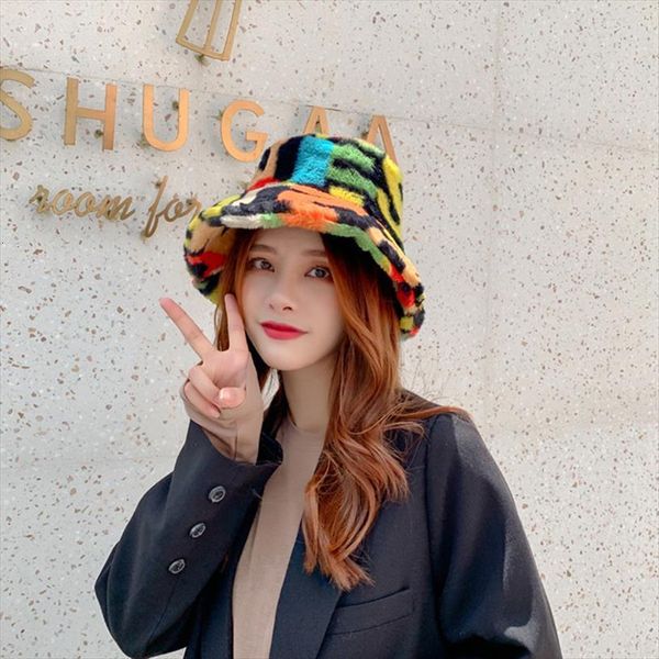 

winter hat outdoor multicolor rainbow faux fur letter pattern bucket hats women soft warm gorros mujer, Blue;gray