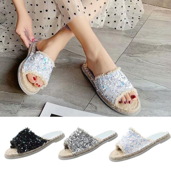 

slippers women sequins flat beach female summer slides straw slipper shoes for girls fashion woman leisure footwear 2021, Black
