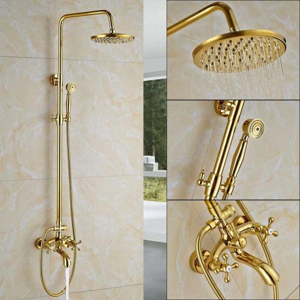 

gold bathtub shower faucet rainfall brass 8 " head bath mixer tap dual handle handshower bathroom sets
