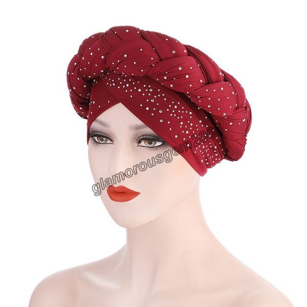 

turban muslim hats women fashion bonnets european and american milk silk braid turban cap ironed drill sponge pearl head cap, Blue;gray