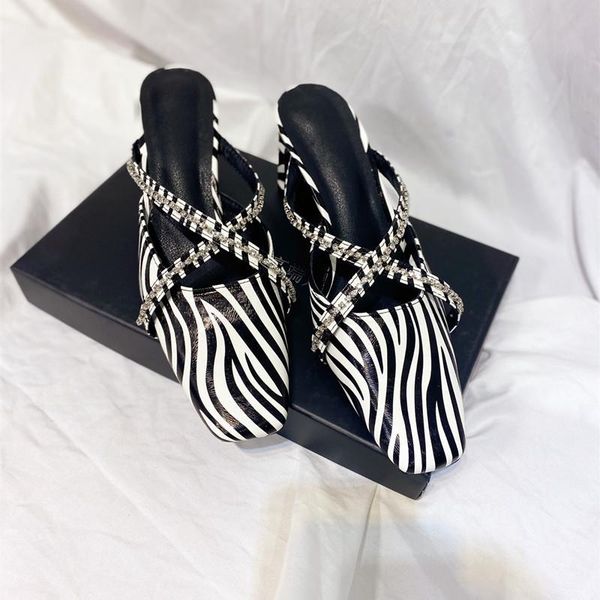 

zebra pattern summer high heels sandals rhinestone hollow square toe slippers luxury designer runway party leather women shoes, Black