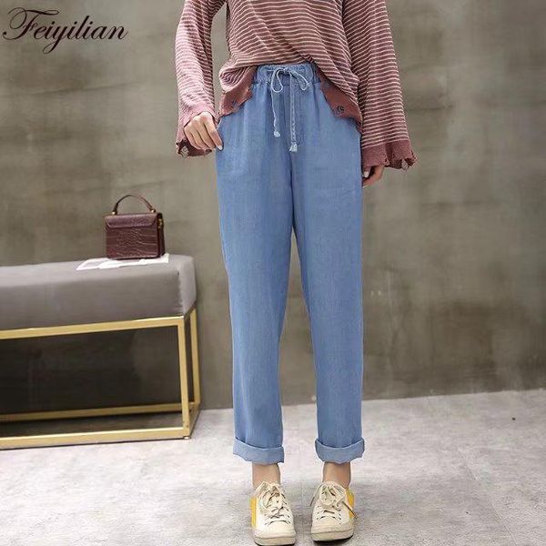 

women's straihgt jeans summer light blue denim lace up tencel loose casual female 2021 trousers