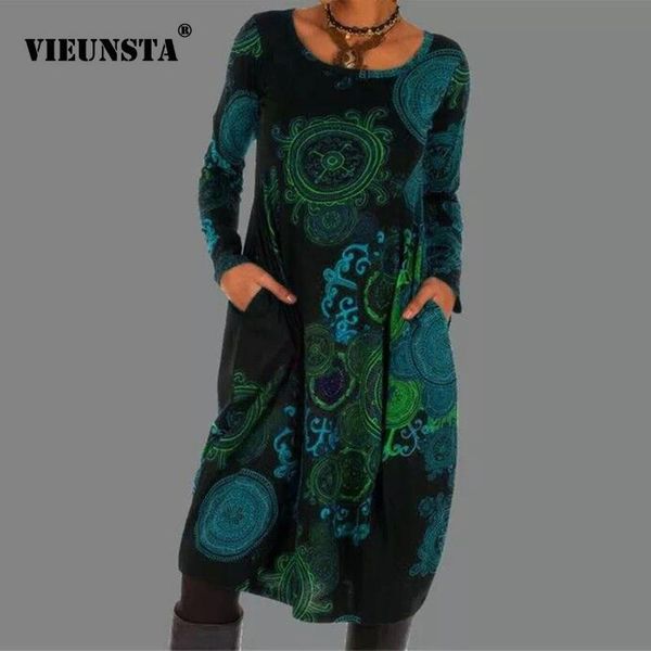 

casual dresses retro floral print o neck pocket women dress 2021 autumn winter long sleeve a-line party loose knee vestido, Black;gray